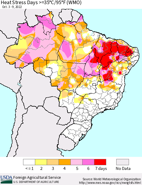 Brazil Heat Stress Days >=35°C/95°F (WMO) Thematic Map For 10/3/2022 - 10/9/2022