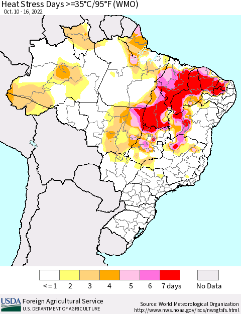 Brazil Heat Stress Days >=35°C/95°F (WMO) Thematic Map For 10/10/2022 - 10/16/2022