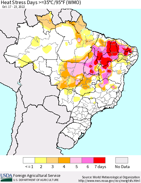 Brazil Heat Stress Days >=35°C/95°F (WMO) Thematic Map For 10/17/2022 - 10/23/2022