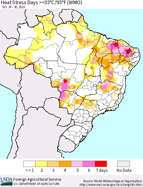 Brazil Heat Stress Days >=35°C/95°F (WMO) Thematic Map For 10/24/2022 - 10/30/2022