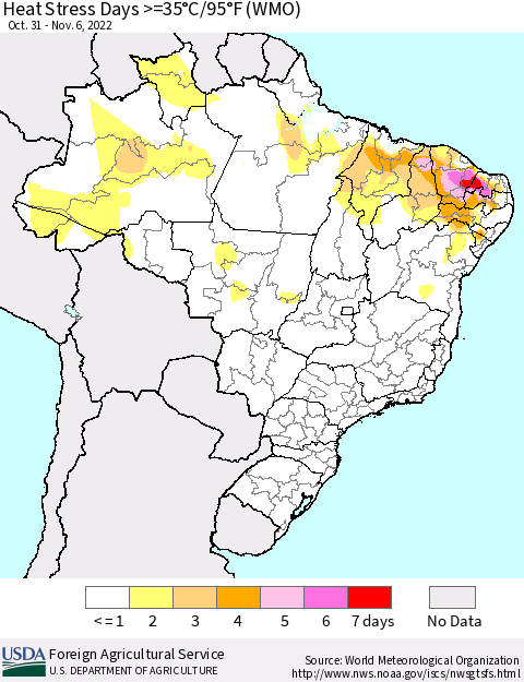 Brazil Heat Stress Days >=35°C/95°F (WMO) Thematic Map For 10/31/2022 - 11/6/2022