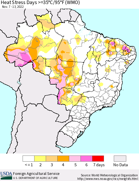 Brazil Heat Stress Days >=35°C/95°F (WMO) Thematic Map For 11/7/2022 - 11/13/2022
