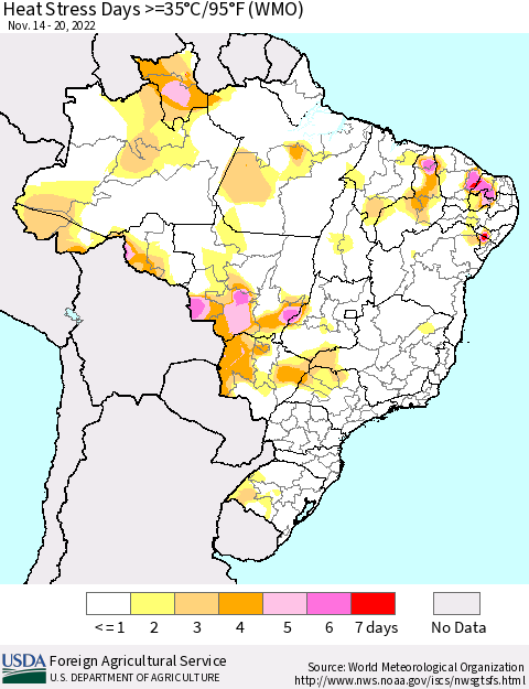 Brazil Heat Stress Days >=35°C/95°F (WMO) Thematic Map For 11/14/2022 - 11/20/2022