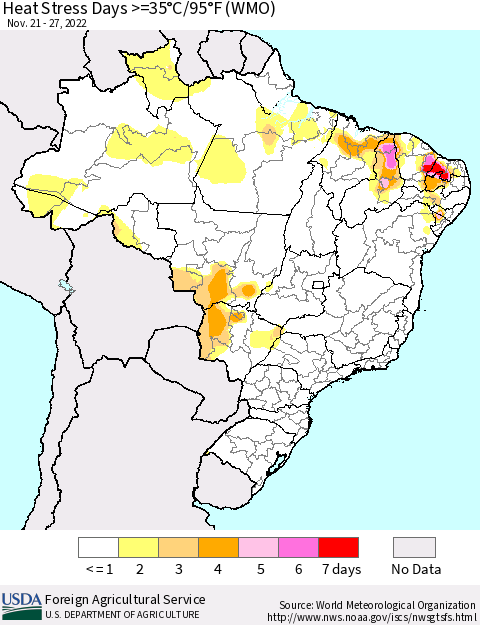 Brazil Heat Stress Days >=35°C/95°F (WMO) Thematic Map For 11/21/2022 - 11/27/2022