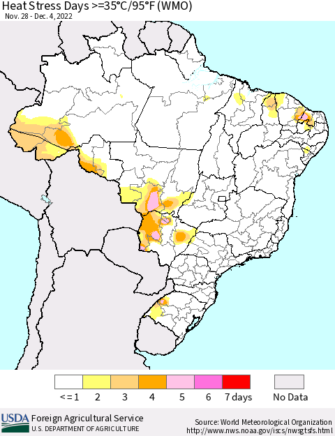 Brazil Heat Stress Days >=35°C/95°F (WMO) Thematic Map For 11/28/2022 - 12/4/2022