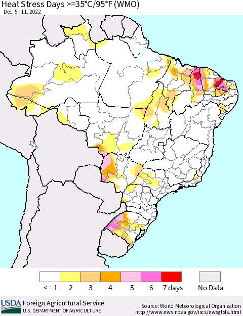 Brazil Heat Stress Days >=35°C/95°F (WMO) Thematic Map For 12/5/2022 - 12/11/2022