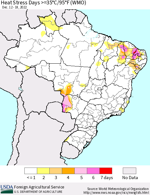 Brazil Heat Stress Days >=35°C/95°F (WMO) Thematic Map For 12/12/2022 - 12/18/2022