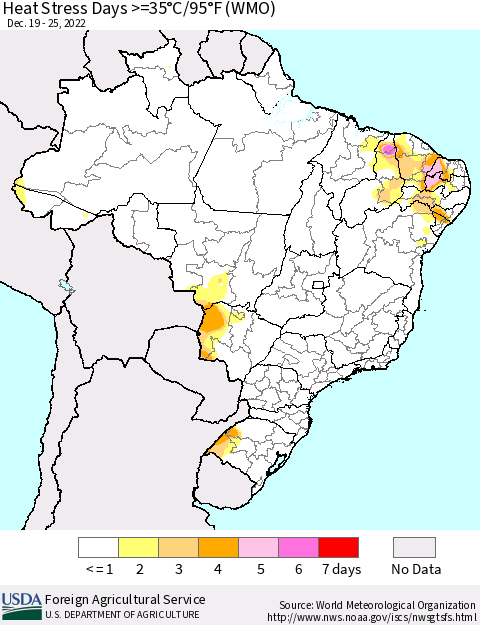 Brazil Heat Stress Days >=35°C/95°F (WMO) Thematic Map For 12/19/2022 - 12/25/2022