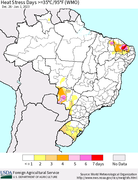 Brazil Heat Stress Days >=35°C/95°F (WMO) Thematic Map For 12/26/2022 - 1/1/2023
