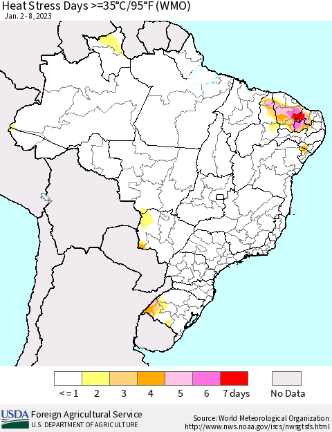 Brazil Heat Stress Days >=35°C/95°F (WMO) Thematic Map For 1/2/2023 - 1/8/2023