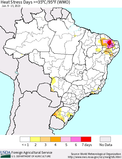 Brazil Heat Stress Days >=35°C/95°F (WMO) Thematic Map For 1/9/2023 - 1/15/2023
