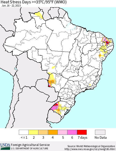 Brazil Heat Stress Days >=35°C/95°F (WMO) Thematic Map For 1/16/2023 - 1/22/2023