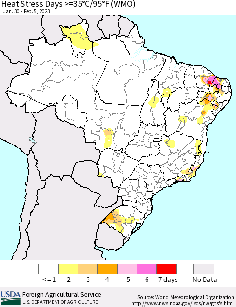 Brazil Heat Stress Days >=35°C/95°F (WMO) Thematic Map For 1/30/2023 - 2/5/2023