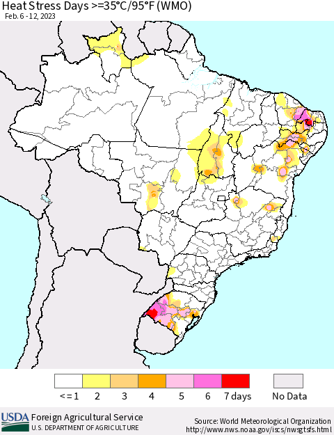 Brazil Heat Stress Days >=35°C/95°F (WMO) Thematic Map For 2/6/2023 - 2/12/2023