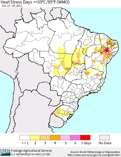 Brazil Heat Stress Days >=35°C/95°F (WMO) Thematic Map For 2/13/2023 - 2/19/2023
