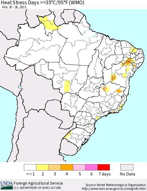 Brazil Heat Stress Days >=35°C/95°F (WMO) Thematic Map For 2/20/2023 - 2/26/2023
