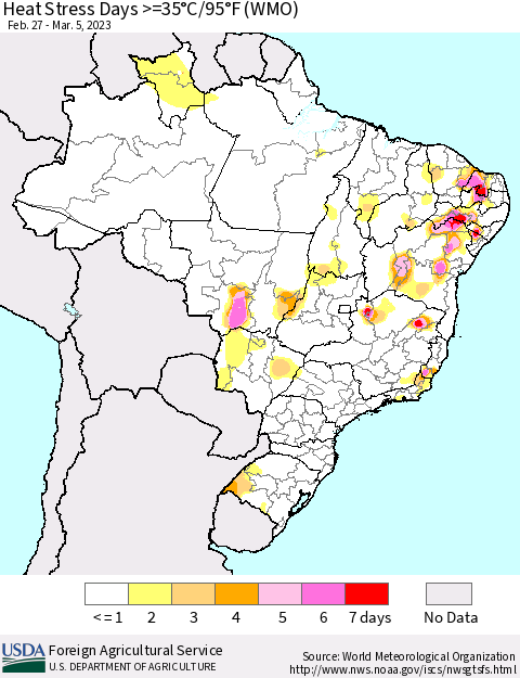 Brazil Heat Stress Days >=35°C/95°F (WMO) Thematic Map For 2/27/2023 - 3/5/2023