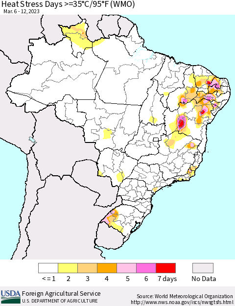Brazil Heat Stress Days >=35°C/95°F (WMO) Thematic Map For 3/6/2023 - 3/12/2023