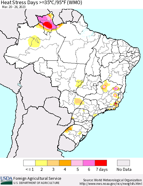 Brazil Heat Stress Days >=35°C/95°F (WMO) Thematic Map For 3/20/2023 - 3/26/2023