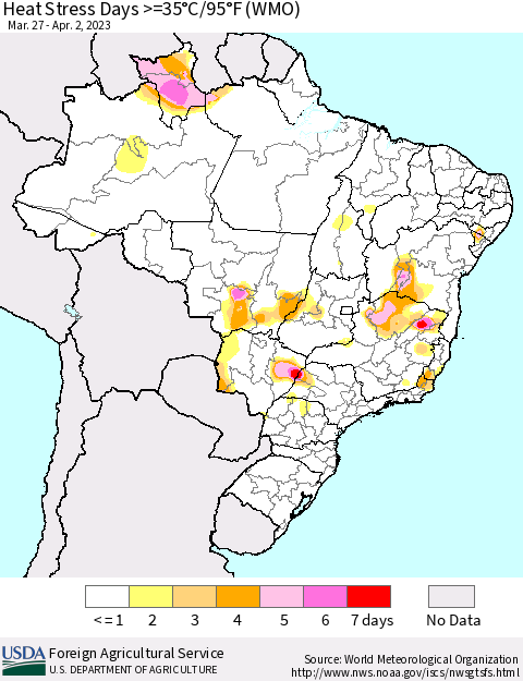 Brazil Heat Stress Days >=35°C/95°F (WMO) Thematic Map For 3/27/2023 - 4/2/2023