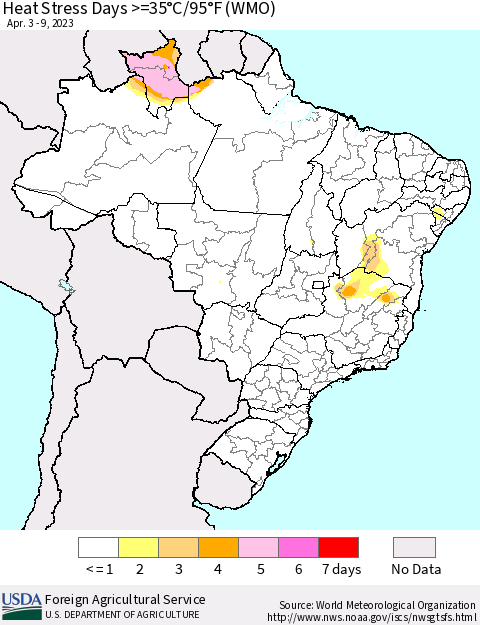 Brazil Heat Stress Days >=35°C/95°F (WMO) Thematic Map For 4/3/2023 - 4/9/2023