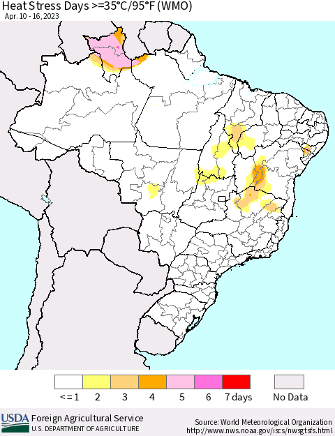 Brazil Heat Stress Days >=35°C/95°F (WMO) Thematic Map For 4/10/2023 - 4/16/2023