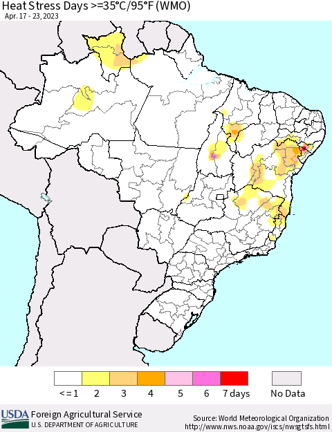 Brazil Heat Stress Days >=35°C/95°F (WMO) Thematic Map For 4/17/2023 - 4/23/2023