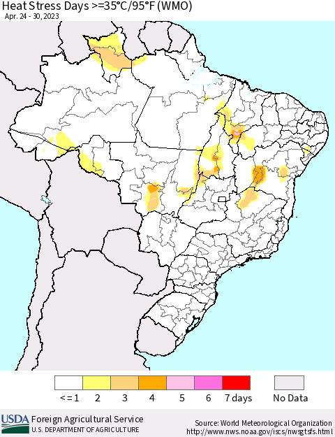 Brazil Heat Stress Days >=35°C/95°F (WMO) Thematic Map For 4/24/2023 - 4/30/2023