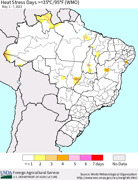 Brazil Heat Stress Days >=35°C/95°F (WMO) Thematic Map For 5/1/2023 - 5/7/2023