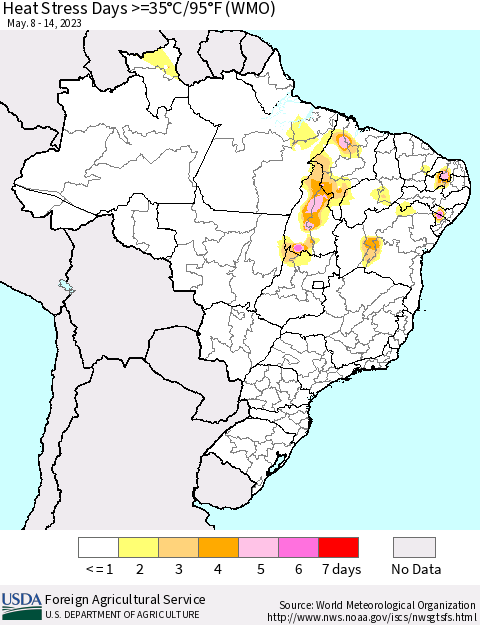 Brazil Heat Stress Days >=35°C/95°F (WMO) Thematic Map For 5/8/2023 - 5/14/2023
