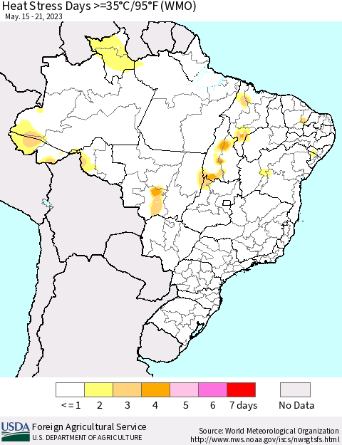Brazil Heat Stress Days >=35°C/95°F (WMO) Thematic Map For 5/15/2023 - 5/21/2023