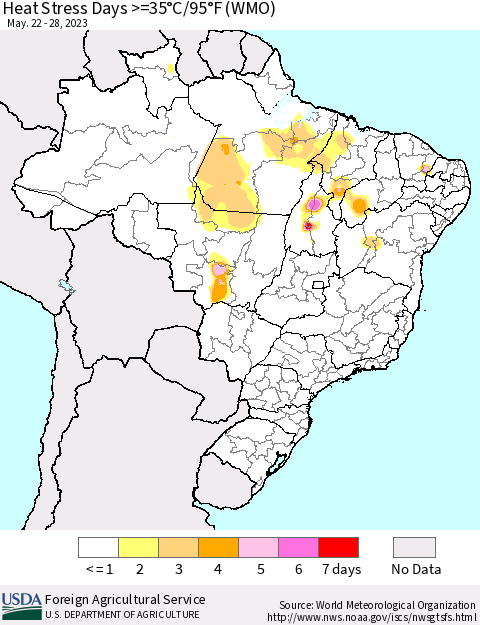 Brazil Heat Stress Days >=35°C/95°F (WMO) Thematic Map For 5/22/2023 - 5/28/2023