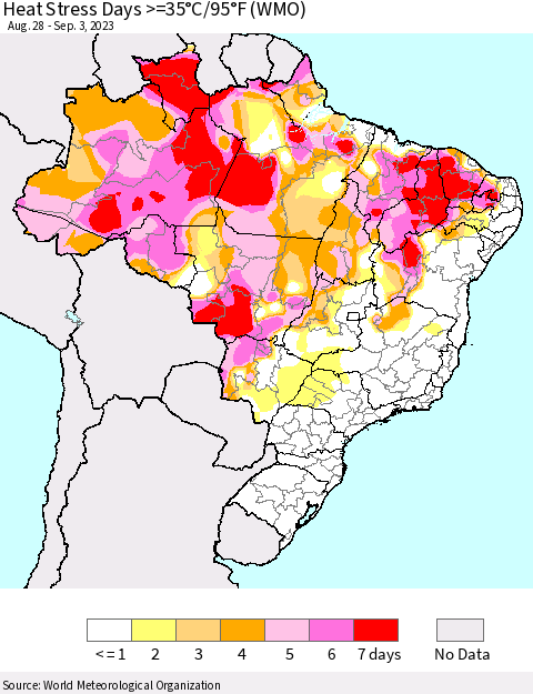 Brazil Heat Stress Days >=35°C/95°F (WMO) Thematic Map For 8/28/2023 - 9/3/2023