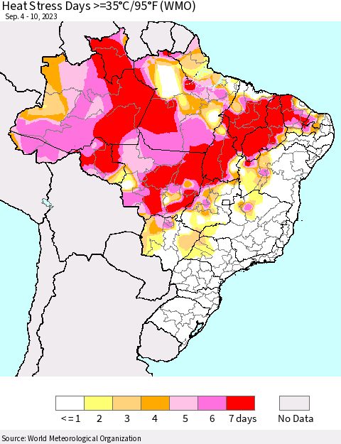 Brazil Heat Stress Days >=35°C/95°F (WMO) Thematic Map For 9/4/2023 - 9/10/2023