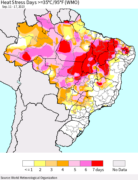 Brazil Heat Stress Days >=35°C/95°F (WMO) Thematic Map For 9/11/2023 - 9/17/2023