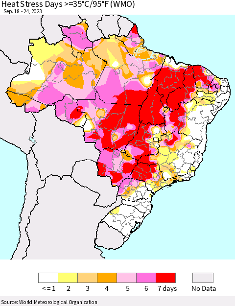 Brazil Heat Stress Days >=35°C/95°F (WMO) Thematic Map For 9/18/2023 - 9/24/2023