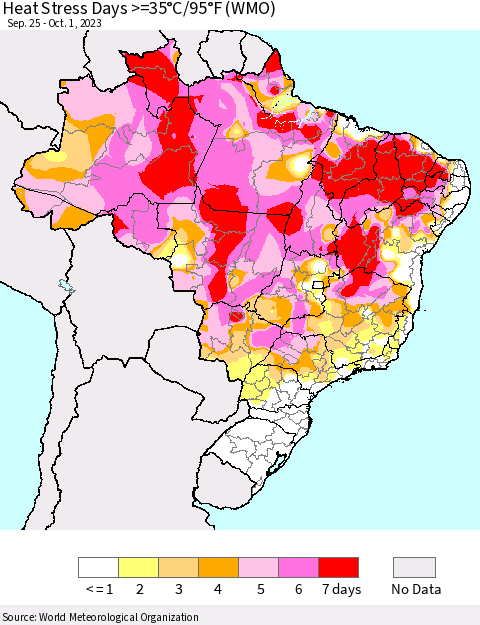 Brazil Heat Stress Days >=35°C/95°F (WMO) Thematic Map For 9/25/2023 - 10/1/2023
