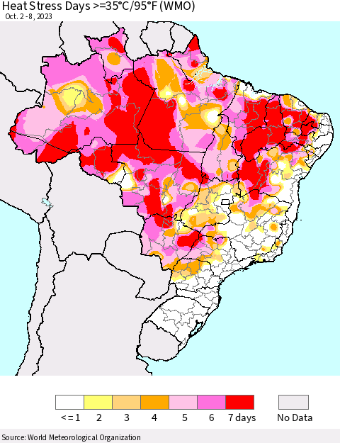 Brazil Heat Stress Days >=35°C/95°F (WMO) Thematic Map For 10/2/2023 - 10/8/2023