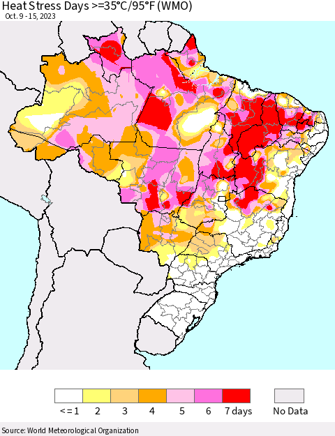 Brazil Heat Stress Days >=35°C/95°F (WMO) Thematic Map For 10/9/2023 - 10/15/2023