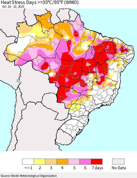 Brazil Heat Stress Days >=35°C/95°F (WMO) Thematic Map For 10/16/2023 - 10/22/2023