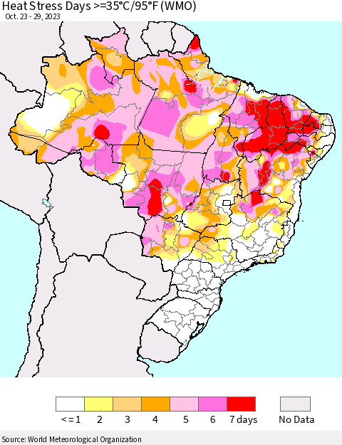 Brazil Heat Stress Days >=35°C/95°F (WMO) Thematic Map For 10/23/2023 - 10/29/2023