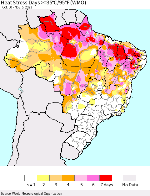 Brazil Heat Stress Days >=35°C/95°F (WMO) Thematic Map For 10/30/2023 - 11/5/2023