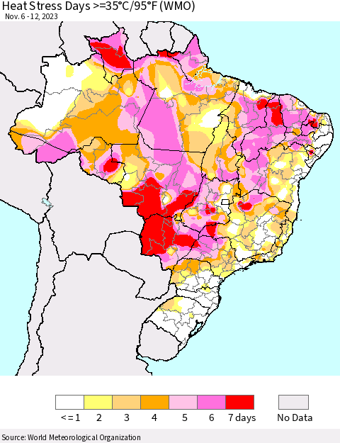 Brazil Heat Stress Days >=35°C/95°F (WMO) Thematic Map For 11/6/2023 - 11/12/2023