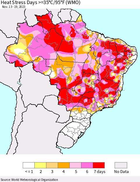 Brazil Heat Stress Days >=35°C/95°F (WMO) Thematic Map For 11/13/2023 - 11/19/2023