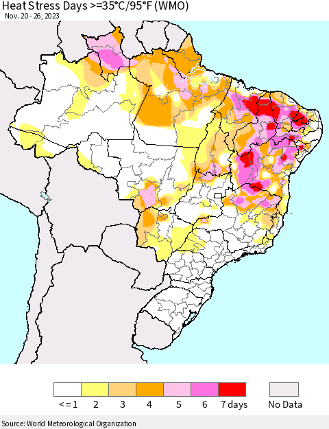 Brazil Heat Stress Days >=35°C/95°F (WMO) Thematic Map For 11/20/2023 - 11/26/2023
