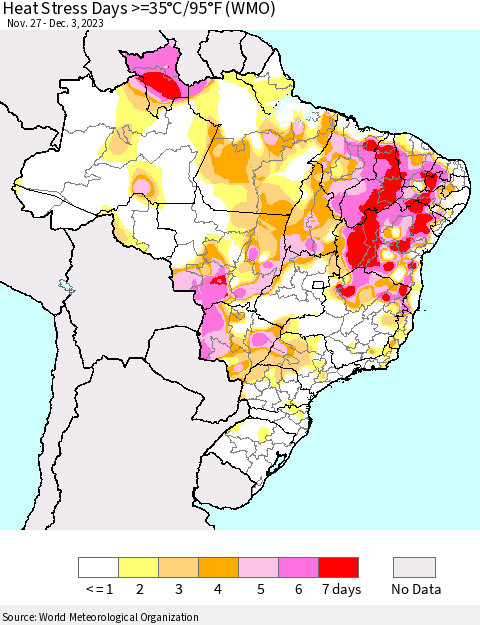 Brazil Heat Stress Days >=35°C/95°F (WMO) Thematic Map For 11/27/2023 - 12/3/2023