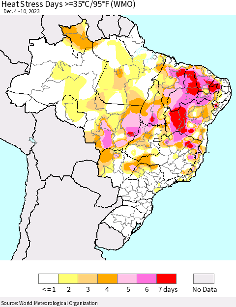 Brazil Heat Stress Days >=35°C/95°F (WMO) Thematic Map For 12/4/2023 - 12/10/2023