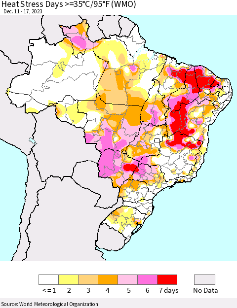 Brazil Heat Stress Days >=35°C/95°F (WMO) Thematic Map For 12/11/2023 - 12/17/2023