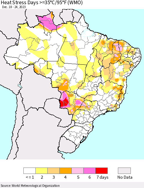 Brazil Heat Stress Days >=35°C/95°F (WMO) Thematic Map For 12/18/2023 - 12/24/2023
