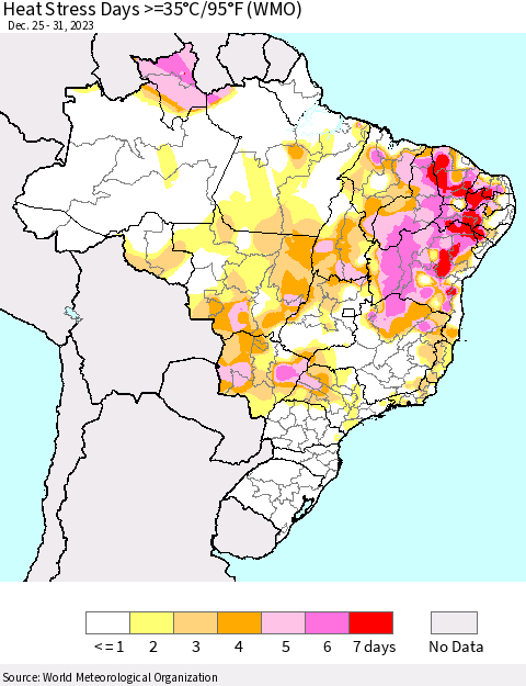 Brazil Heat Stress Days >=35°C/95°F (WMO) Thematic Map For 12/25/2023 - 12/31/2023